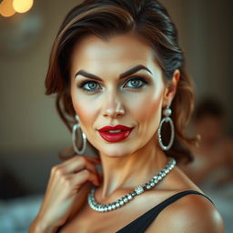 A beautiful 40-year-old woman, dressed elegantly and fashionably, with a provocative and enticing expression on her face
