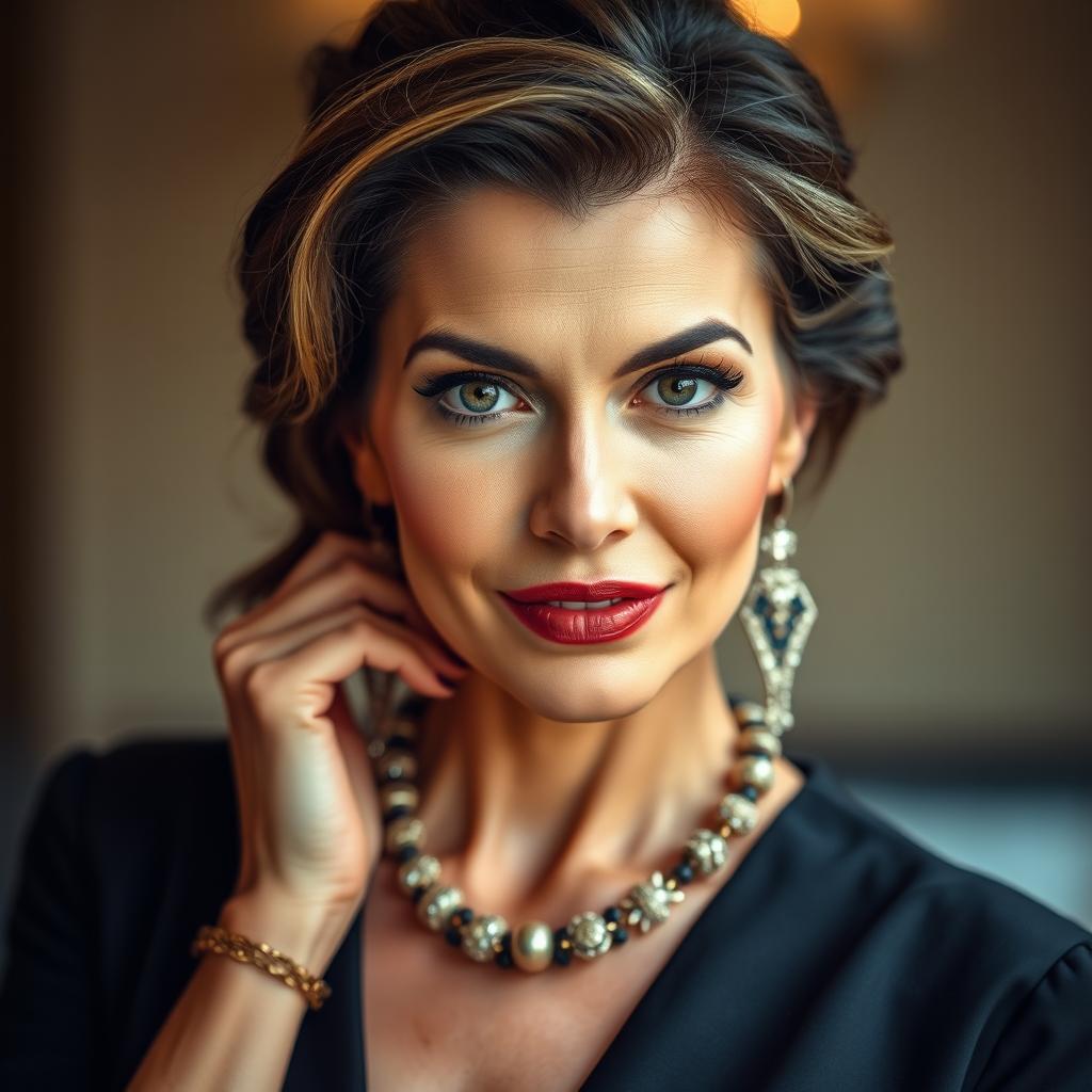A beautiful 40-year-old woman, dressed elegantly and fashionably, with a provocative and enticing expression on her face