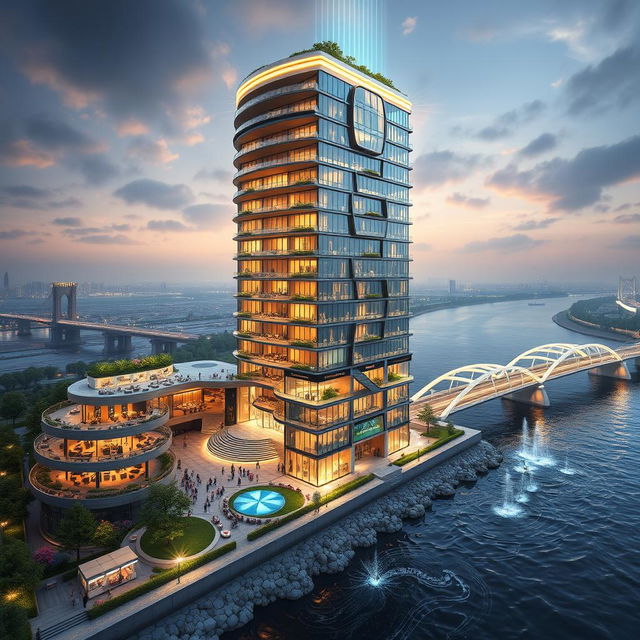 A futuristic and avant-garde design of the "Chaharzanbil" tower, standing 20 stories tall at 80 meters in height, located on the southern bank of a roaring river