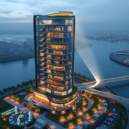 A futuristic and avant-garde design of the "Chaharzanbil" tower, standing 20 stories tall at 80 meters in height, located on the southern bank of a roaring river