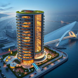 A futuristic and avant-garde design of the "Chaharzanbil" tower, standing 20 stories tall at 80 meters in height, located on the southern bank of a roaring river