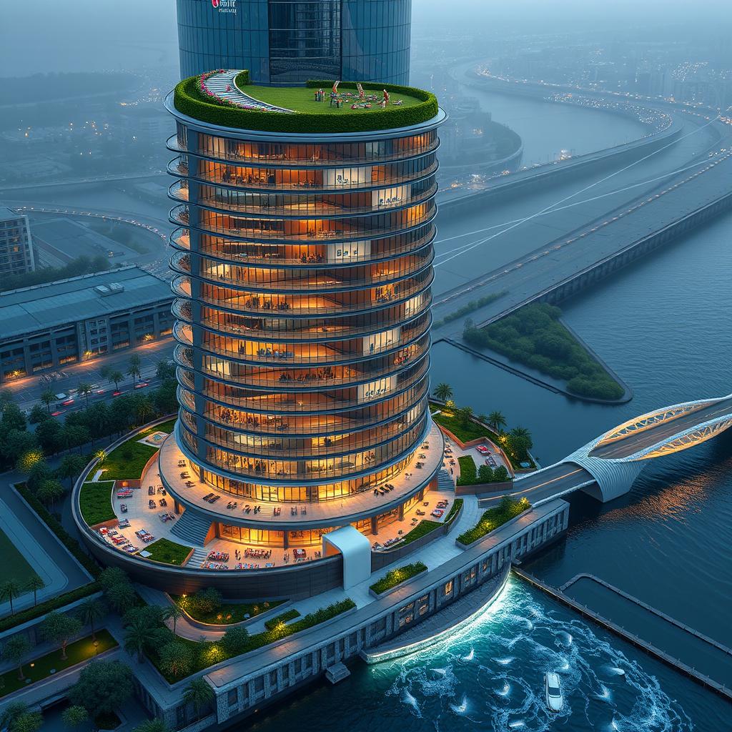 A futuristic and avant-garde design of the "Chaharzanbil" tower, standing 20 stories tall at 80 meters in height, located on the southern bank of a roaring river
