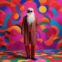 Santa Claus in a Gucci outfit set against a psychedelic background, with vibrant colours and surrealist patterns