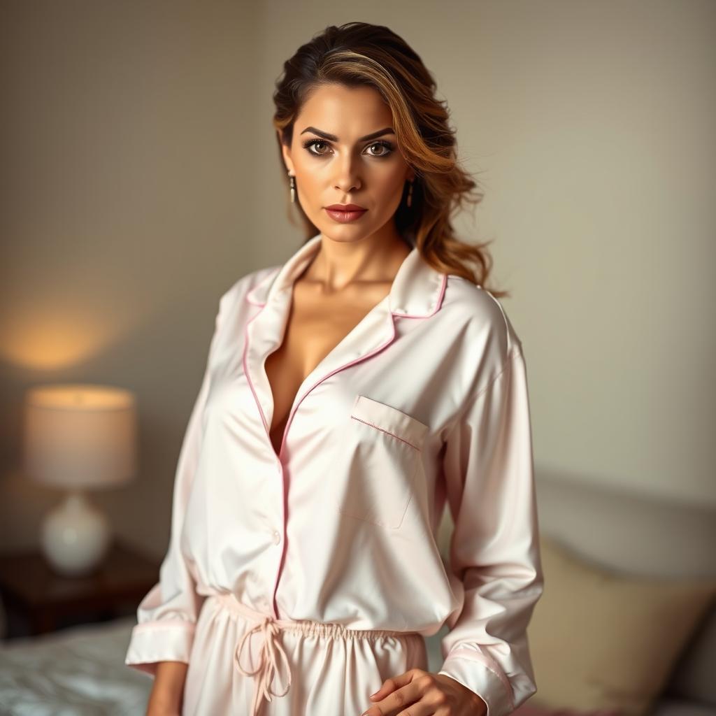 A beautiful 40-year-old woman, dressed in stylish and elegant pajamas, exuding a provocative and alluring expression while looking directly at the camera