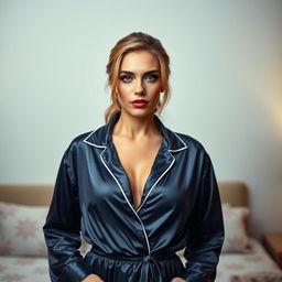 A beautiful 40-year-old woman, dressed in stylish and elegant pajamas, exuding a provocative and alluring expression while looking directly at the camera