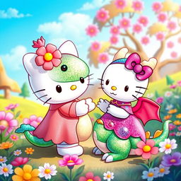 An adorable cartoon scene featuring Hello Kitty, dressed in a magical outfit, taming a colorful and friendly dragon
