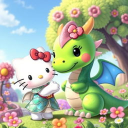 An adorable cartoon scene featuring Hello Kitty, dressed in a magical outfit, taming a colorful and friendly dragon