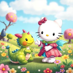 An adorable cartoon scene featuring Hello Kitty, dressed in a magical outfit, taming a colorful and friendly dragon