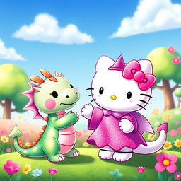 An adorable cartoon scene featuring Hello Kitty, dressed in a magical outfit, taming a colorful and friendly dragon