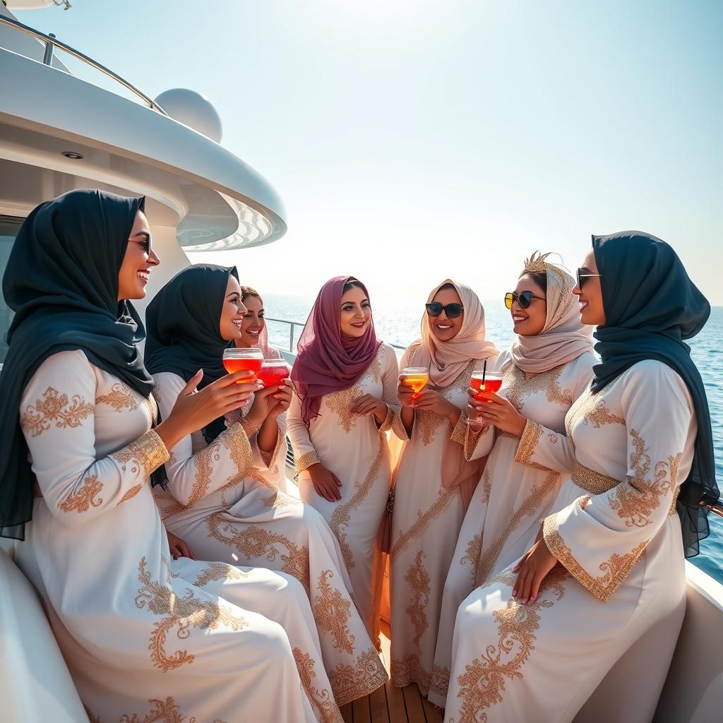 A group of elegant Arabic women enjoying a luxurious cruise, dressed in beautiful traditional attire