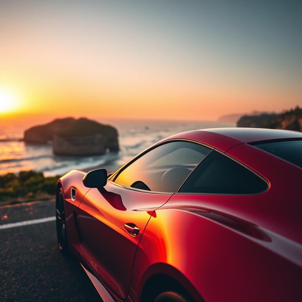 A sleek, modern sports car, showing off its aerodynamic design and vibrant red paint, parked on a coastal road with a stunning ocean view in the background