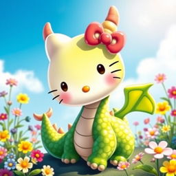 A whimsical dragon with a cute Hello Kitty face, featuring the signature bow on its ear and the stylized facial features