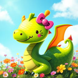 A whimsical dragon with a cute Hello Kitty face, featuring the signature bow on its ear and the stylized facial features