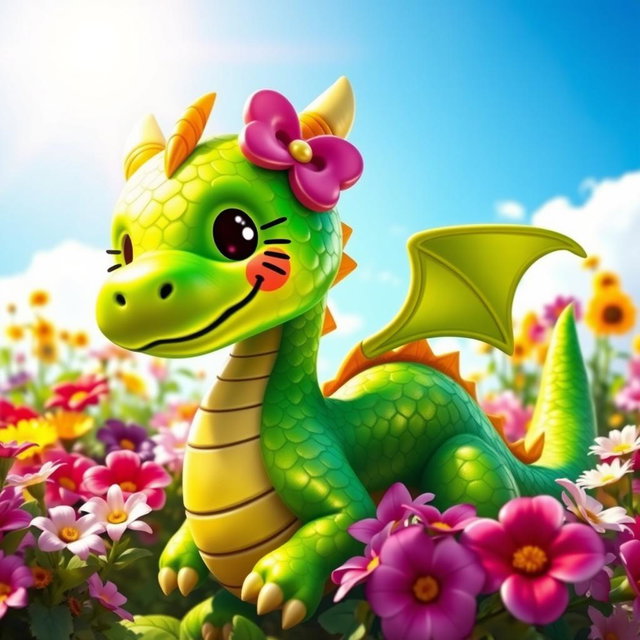 A whimsical dragon with a cute Hello Kitty face, featuring the signature bow on its ear and the stylized facial features