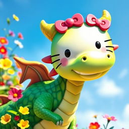 A whimsical dragon with a cute Hello Kitty face, featuring the signature bow on its ear and the stylized facial features