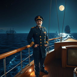 A night scene featuring a confident captain standing on the deck of a beautifully detailed boat, illuminated by soft moonlight