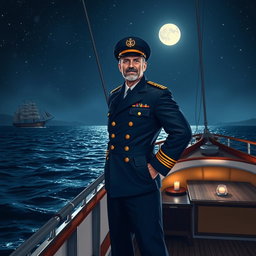 A night scene featuring a confident captain standing on the deck of a beautifully detailed boat, illuminated by soft moonlight