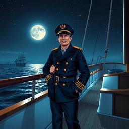 A night scene featuring a confident captain standing on the deck of a beautifully detailed boat, illuminated by soft moonlight