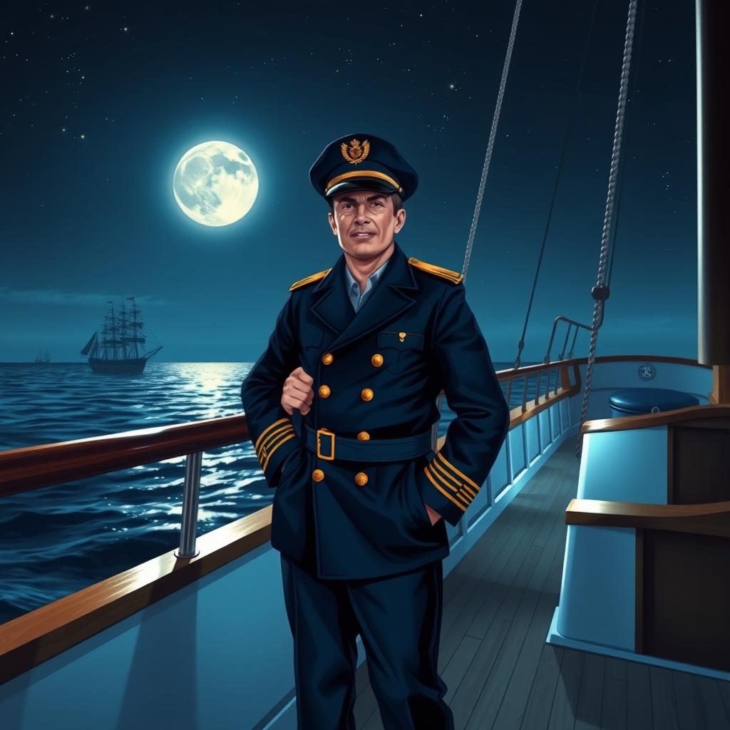 A night scene featuring a confident captain standing on the deck of a beautifully detailed boat, illuminated by soft moonlight