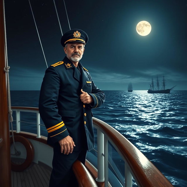 A night scene featuring a confident captain standing on the deck of a beautifully detailed boat, illuminated by soft moonlight