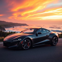 A sleek and modern sports car parked on a scenic coastal road at sunset, with vibrant orange and purple hues in the sky reflecting on the car's shiny surface