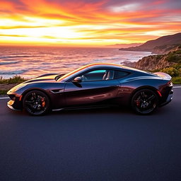 A sleek and modern sports car parked on a scenic coastal road at sunset, with vibrant orange and purple hues in the sky reflecting on the car's shiny surface
