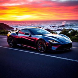 A sleek and modern sports car parked on a scenic coastal road at sunset, with vibrant orange and purple hues in the sky reflecting on the car's shiny surface
