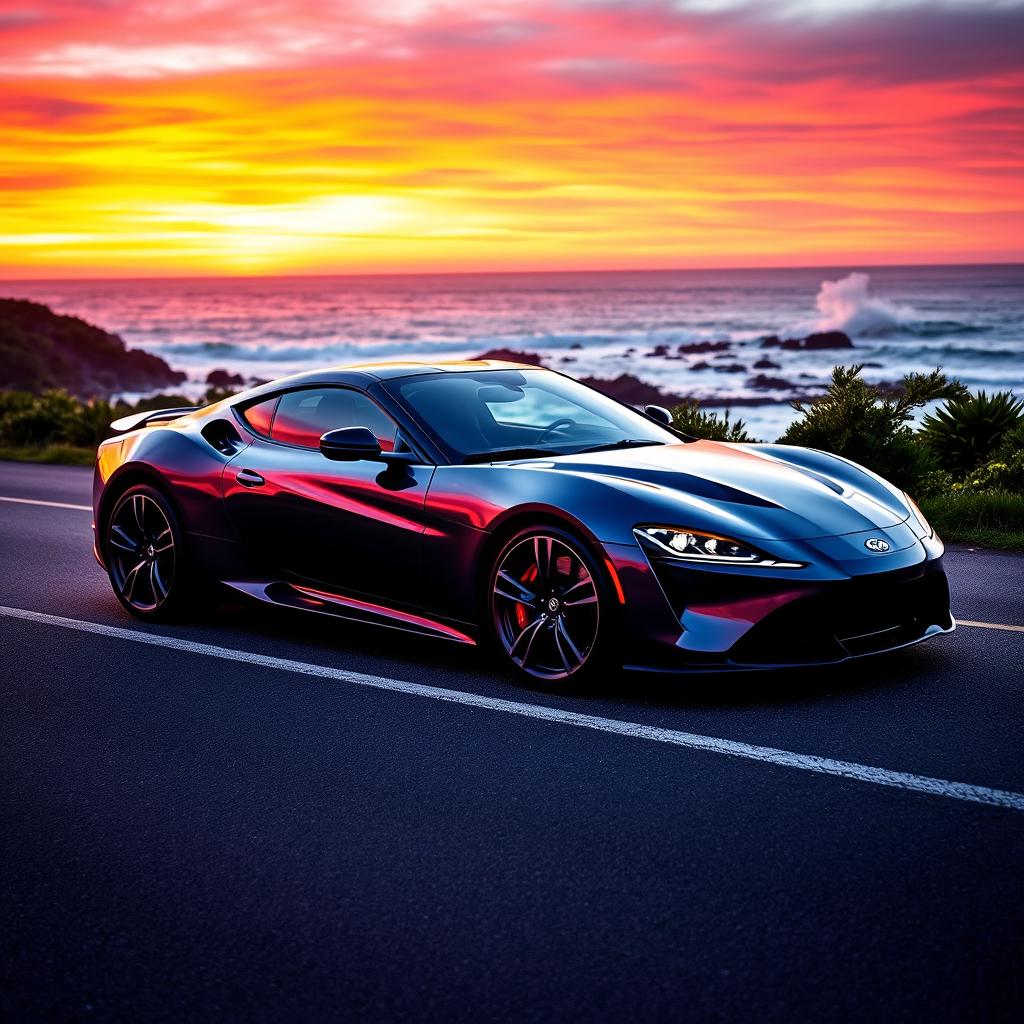 A sleek and modern sports car parked on a scenic coastal road at sunset, with vibrant orange and purple hues in the sky reflecting on the car's shiny surface