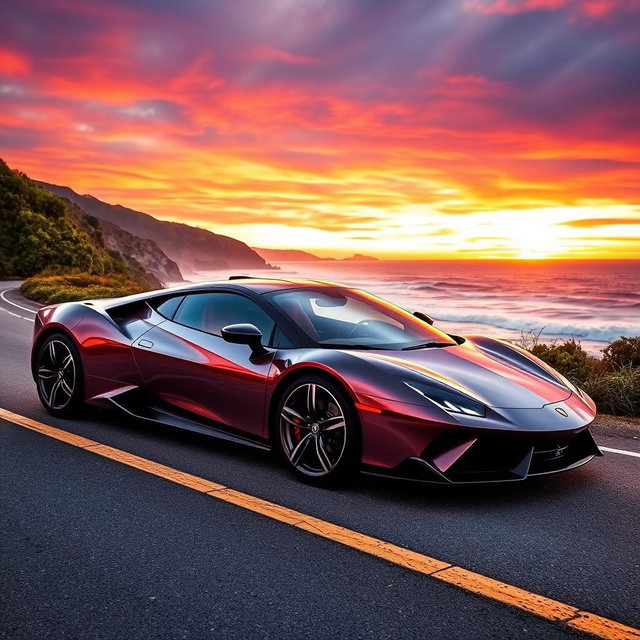 A sleek and modern sports car parked on a scenic coastal road at sunset, with vibrant orange and purple hues in the sky reflecting on the car's shiny surface