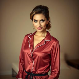 A beautiful 40-year-old woman, dressed in stylish and fashionable pajamas, with a provocative and alluring expression on her face as she looks directly at the camera