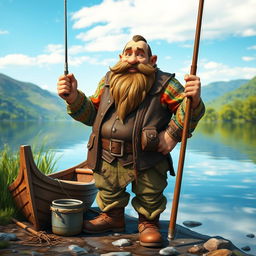 A stout dwarf fisherman standing proudly by a serene lakeside, holding a fishing rod with a playful grin