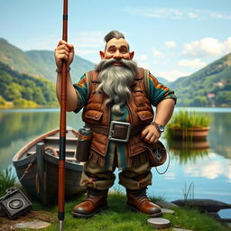 A stout dwarf fisherman standing proudly by a serene lakeside, holding a fishing rod with a playful grin