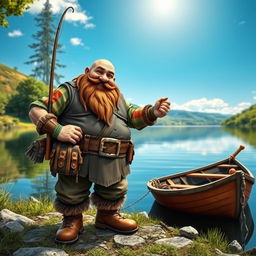 A stout dwarf fisherman standing proudly by a serene lakeside, holding a fishing rod with a playful grin
