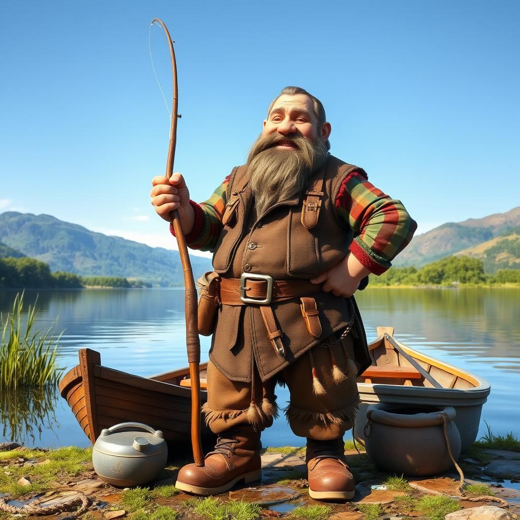 A stout dwarf fisherman standing proudly by a serene lakeside, holding a fishing rod with a playful grin