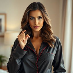 A stunning 40-year-old woman, elegantly dressed in fashionable pajamas, presenting a provocative expression as she gazes directly at the camera