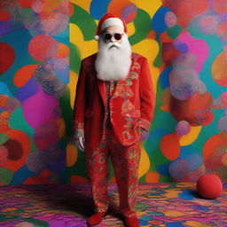 Santa Claus in a Gucci outfit set against a psychedelic background, with vibrant colours and surrealist patterns