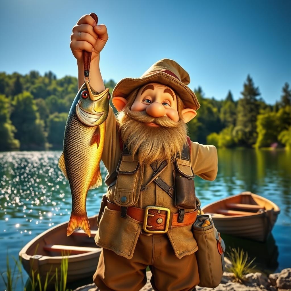 A joyful dwarf fisherman standing proudly with a big fish held triumphantly in his hand