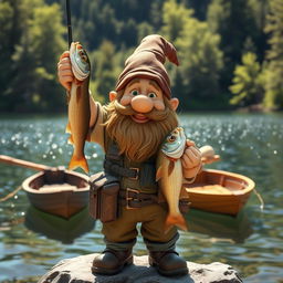 A joyful dwarf fisherman standing proudly with a big fish held triumphantly in his hand