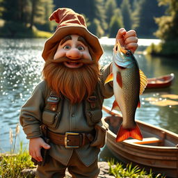A joyful dwarf fisherman standing proudly with a big fish held triumphantly in his hand