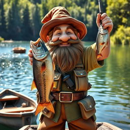A joyful dwarf fisherman standing proudly with a big fish held triumphantly in his hand