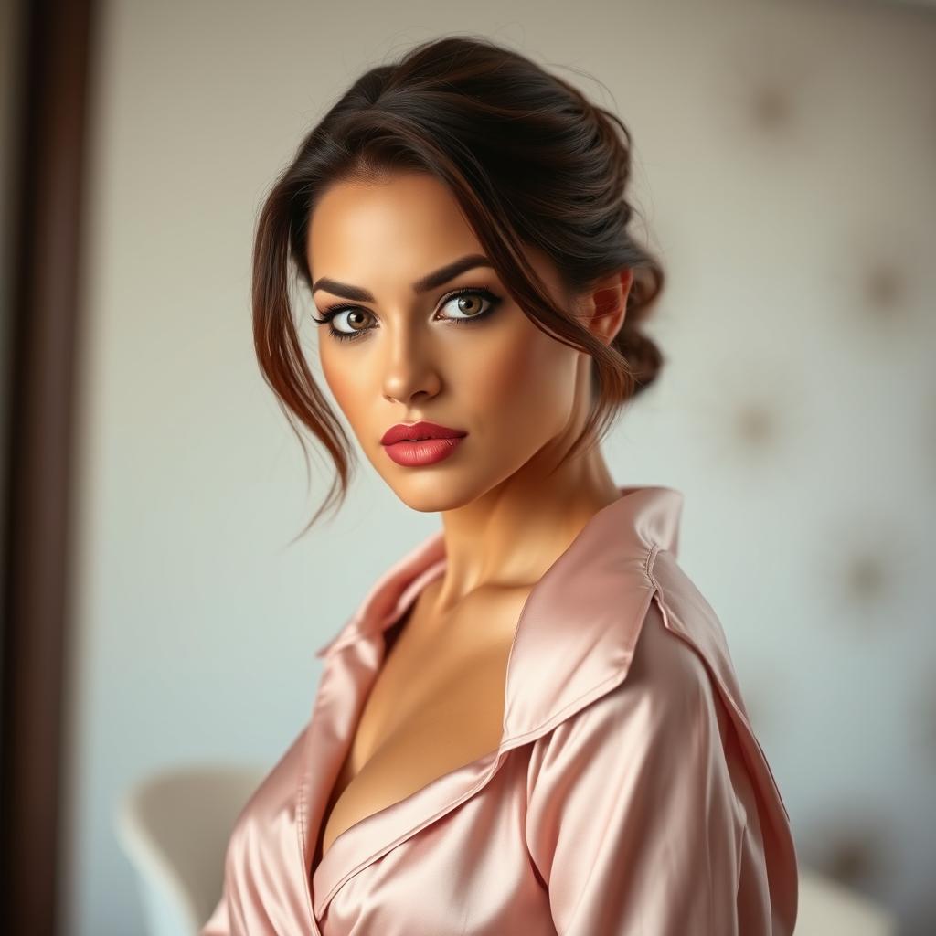 A stunning 40-year-old woman, dressed in elegant and stylish pajamas, displaying a provocative expression as she looks directly at the camera