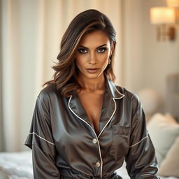 A stunning 40-year-old woman, dressed in elegant and stylish pajamas, displaying a provocative expression as she looks directly at the camera