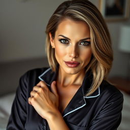 A stunning 40-year-old woman, dressed in elegant and stylish pajamas, displaying a provocative expression as she looks directly at the camera