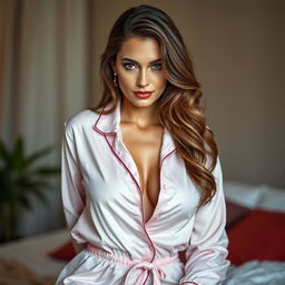 A gorgeous 40-year-old woman, elegantly dressed in fashionable pajamas, showcasing a provocative and confident expression as she looks directly at the camera