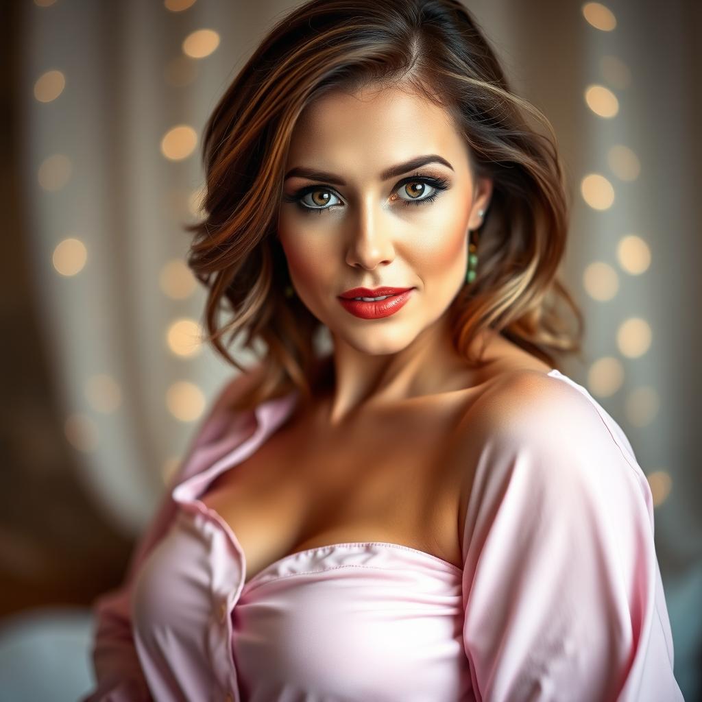 A gorgeous 40-year-old woman, elegantly dressed in fashionable pajamas, showcasing a provocative and confident expression as she looks directly at the camera