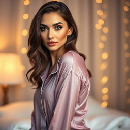 A gorgeous 40-year-old woman, elegantly dressed in fashionable pajamas, showcasing a provocative and confident expression as she looks directly at the camera
