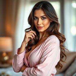 A gorgeous 40-year-old woman, elegantly dressed in fashionable pajamas, showcasing a provocative and confident expression as she looks directly at the camera