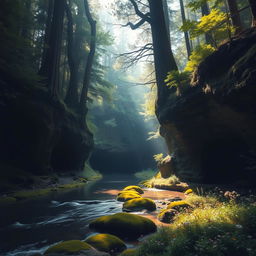 A serene forest scene featuring a winding river surrounded by tall, lush trees and mystical caves