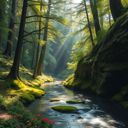 A serene forest scene featuring a winding river surrounded by tall, lush trees and mystical caves