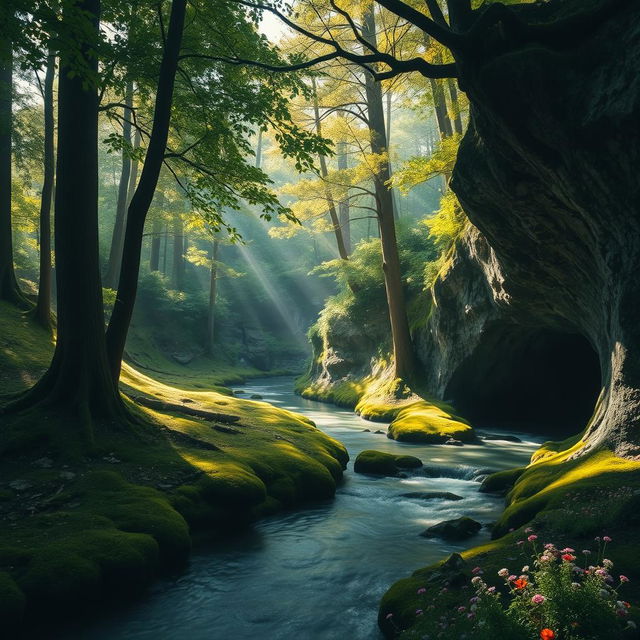 A serene forest scene featuring a winding river surrounded by tall, lush trees and mystical caves